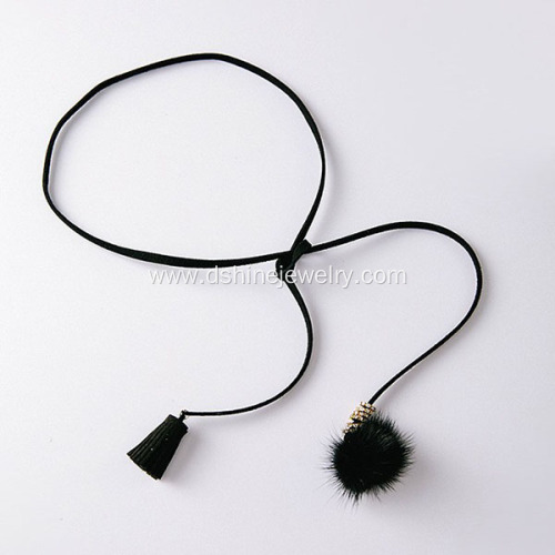 Black Velvet Leather Tassel Ball Pendant Tied Long Necklaces